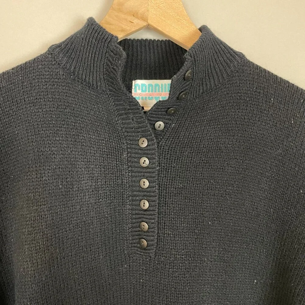 Vintage Sweater Black Buttoned Neckline Mock Neck Men Acrylic Retro Knit Classic